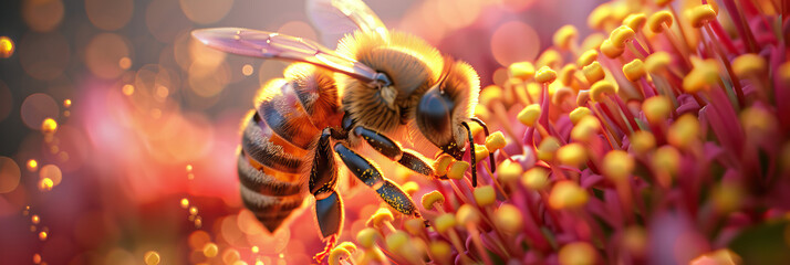 A close-up of a bee collecting pollen from a flower, showcasing pollination and ecosystem balance