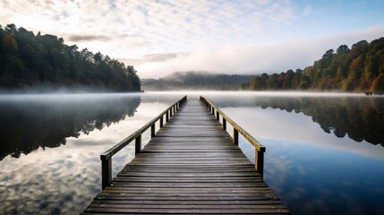 Naklejka premium Wooden pier leading into lake, surrounded by the beauty of nature, tranquil scenery