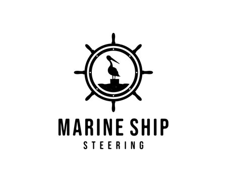 vector illustration of ship rudder logo, seagulls