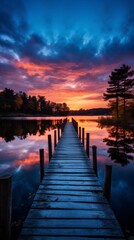 Wooden pier leading into lake, surrounded by the beauty of nature, Sunset, tranquil scenery