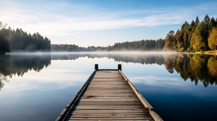 Wooden pier leading into lake, surrounded by the beauty of nature, tranquil scenery - obrazy, fototapety, plakaty