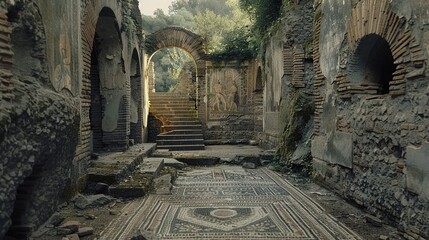 The crumbling ruins of an ancient Roman villa, with mosaic floors, remnants of frescoes on the...