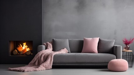 sofa with pink pillow near black fireplace against concrete wall