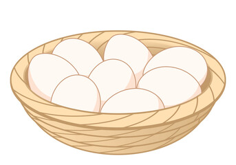 egg, white hen eggs in a wicker basket bowl, color vector illustration isolated on white