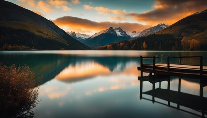A tranquil autumn scene featuring a wooden pier extending into a still lake reflecting vibrant fall colors and snow-capped mountains at dusk. - obrazy, fototapety, plakaty