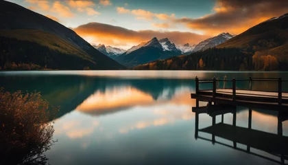 Fotobehang A tranquil autumn scene featuring a wooden pier extending into a still lake reflecting vibrant fall colors and snow-capped mountains at dusk. © video rost