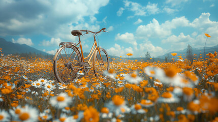 Naklejka premium Landscape with a bicycle on a flowering meadow.
