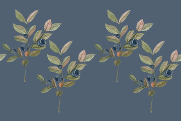 Blueberry sprig watercolor seamless pattern on grey blue