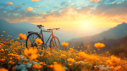 Naklejka premium Landscape with a bicycle on a flowering meadow.