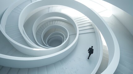 Fototapeta premium Person descending a modern spiral staircase, minimalistic design.