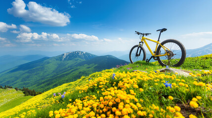 Naklejka premium Landscape with a bicycle on a flowering meadow.