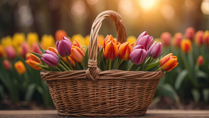 Spring tulips in a wicker basket  - 767814546