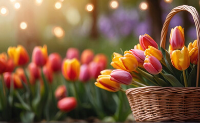 Spring tulips in a wicker basket  - 767814551