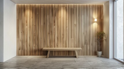 Hall with bench against wooden 3d paneling wall.