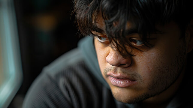 A biracial young man with Down syndrome looking thoughtful and introspective, with a contemplative expression. Learning Disability.
