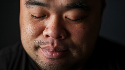 A Pacific Islander man with Down syndrome looking peaceful and content, with a relaxed expression. Learning Disability