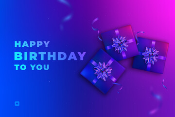 Gifts with blue and pink neon hues and Happy Birthday to you text on neon colorful surface. - 767814767