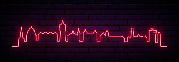 Red neon skyline of Cuxhaven. Bright Cuxhaven, Germany long banner. Vector illustration. - obrazy, fototapety, plakaty