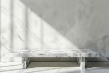Marble table with white stucco wall texture background.