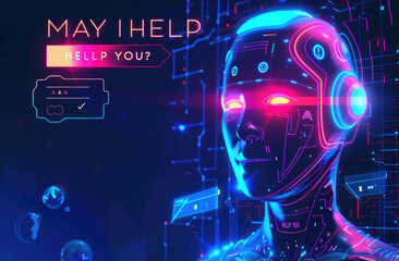 A digital illustration of an AI head with the words "MAY I HELP YOU" written on it