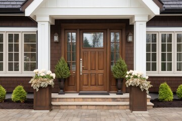 Main entrance door in house. Wooden front door with gabled porch and landing.