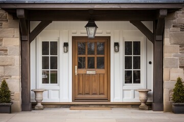 Fototapeta na wymiar Main entrance door in house. Wooden front door with gabled porch and landing.