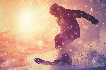 Snowboarder jumping side view
