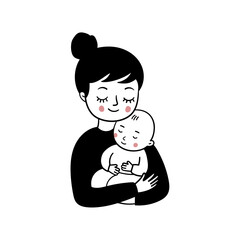 Mother holds baby. Simple black and white doodle illustration. Template for greeting card, print, poster, sticker.