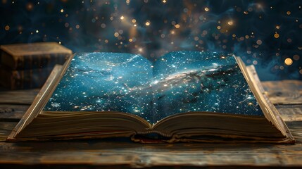 Enchanted open book on a wooden table with cosmic stars. Magical reading concept with a galaxy in pages. Fantasy, education, and imagination theme. AI