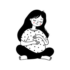 Pregnant woman sitting.. Simple black and white doodle illustration. Template for greeting card, print, poster, sticker.