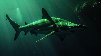A hammerhead shark with neon green radar fins, scanning the murky waters at dawn - obrazy, fototapety, plakaty