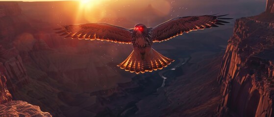 A hawk with neon red laser eyes, soaring high above a canyon at sunrise
