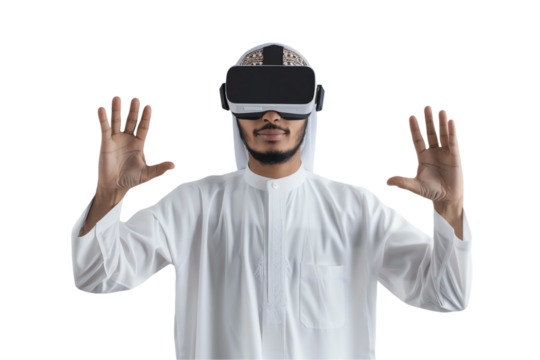 muslim man virtual goggless Man holds sign while another gestures, smiling cartoon characters, one wearing a hat, representing business and fun