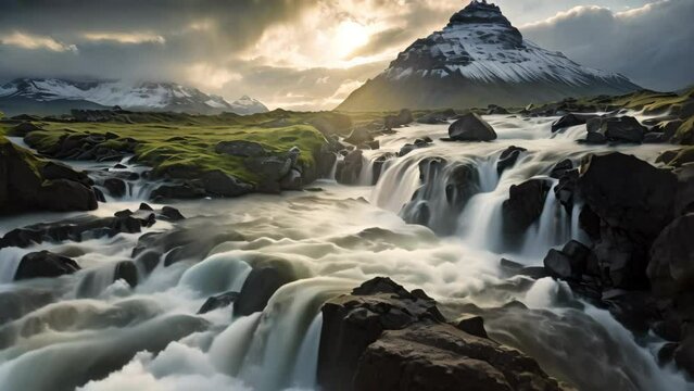 The waterfall in Kirkjufell glacier, Iceland, Europe, Iceland beautiful landscape photography, beautiful girl in swimsuit in the clod, AI Generated