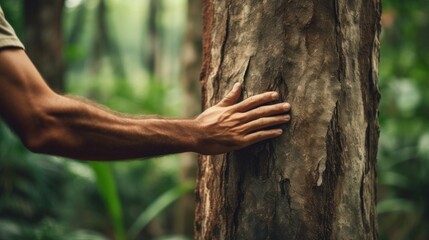 hand touch the tree trunk. Bark wood.Caring for the environment. - obrazy, fototapety, plakaty