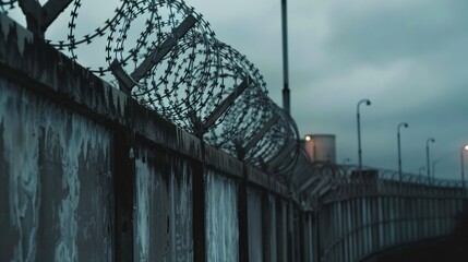 rows of barbedwire, high concrete fence, barbed wire fence on top,
