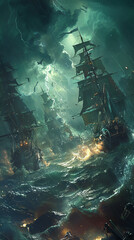 A stormy sea warzone, with battlehardened ships amidst the chaos of combat - obrazy, fototapety, plakaty