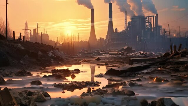 Industrial landscape with smokestack at sunset, 3d render, industrial landscape with polluted river, pollution of the environment, environmental disaster, AI Generated