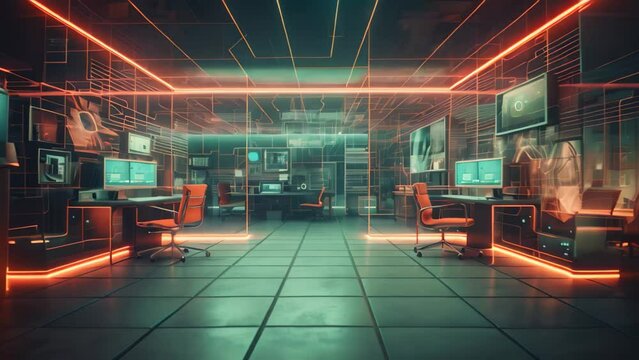 3D rendering of a Cyberpunk office interior with neon lights, Interior of a modern computer room. 3D rendering