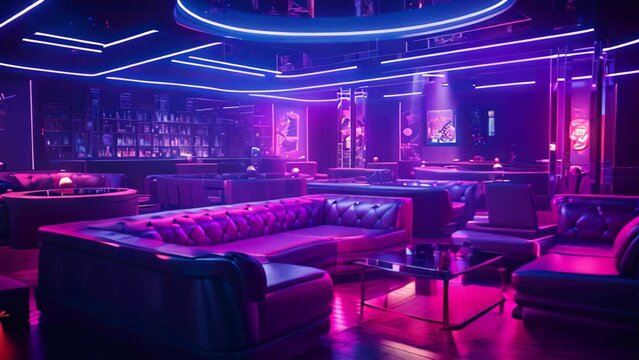 The interior of the night club with a black sofa, a bar counter and a blue neon light, Interior of a night club with bright lights. Night club. A decorated night club, AI Generated