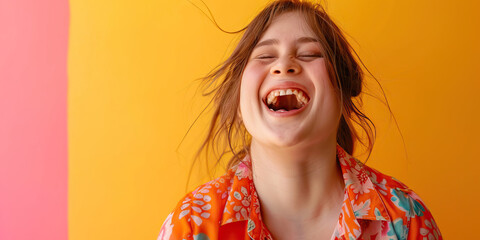 Joyful Laughter: Woman with Down Syndrome Smiling and Laughing. Learning Disability