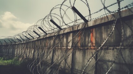Fototapeta premium rows of barbedwire, high concrete fence, barbed wire fence on top,