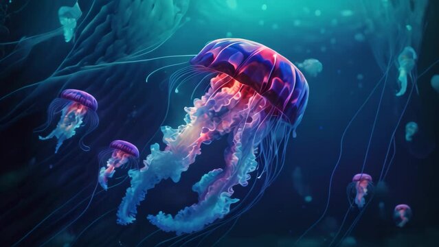 Jellyfish in the deep blue sea. 3d rendering, Jellyfish in the deep blue ocean. 3d illustration, AI Generated