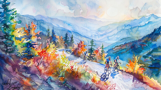 Watercolor painting of cyclists on a mountain path, couple