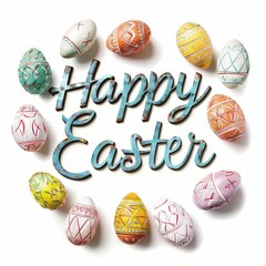 word Happy Easter colorful handwritten delicately and elegantly, fine graceful lines, fine line in ink isolated white background
