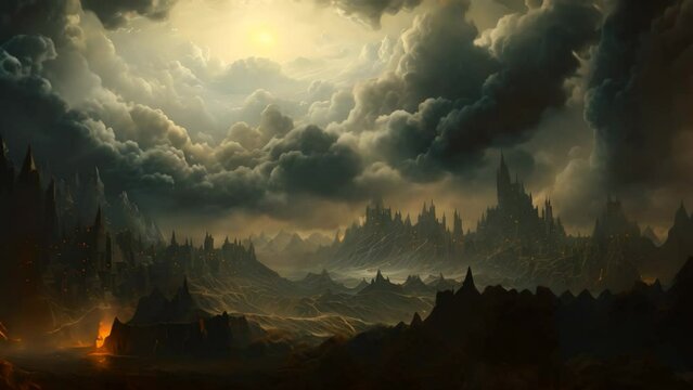 Beautiful landscape with mountains, lake and clouds. Digital painting, landscape with clouds, AI Generated
