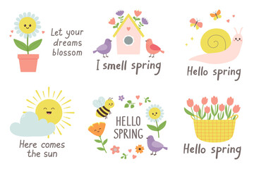 Hello spring designs set with cute nature elements. Template for cards, posters, postcards, prints and stickers © Yaryna