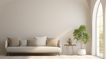 Mid century style sofa against beige empty wall with copy space. - obrazy, fototapety, plakaty