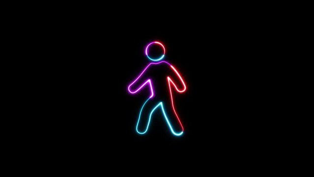 Neon line glowing pedestrian sign animation. Walking neon sign blinking animation.