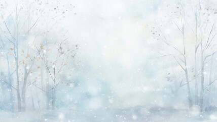 abstract watercolor background snowfall, christmas view blurred blizzard light blue snowflakes on a white city background